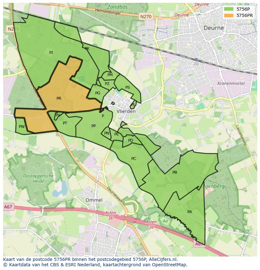 Afbeelding van het postcodegebied 5756 PR op de kaart.
