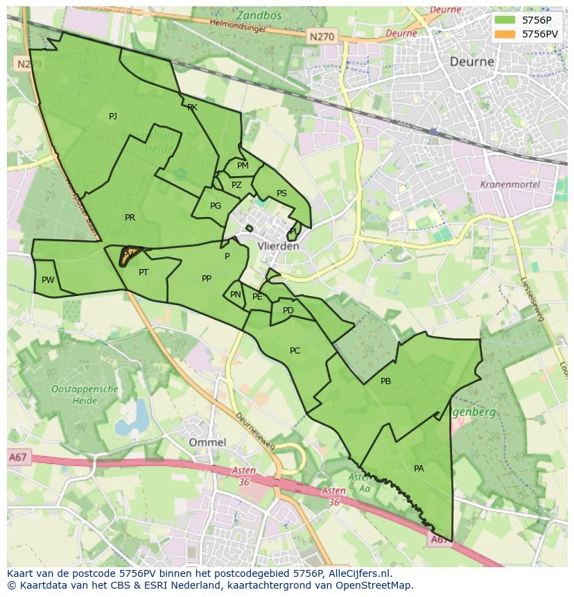 Afbeelding van het postcodegebied 5756 PV op de kaart.