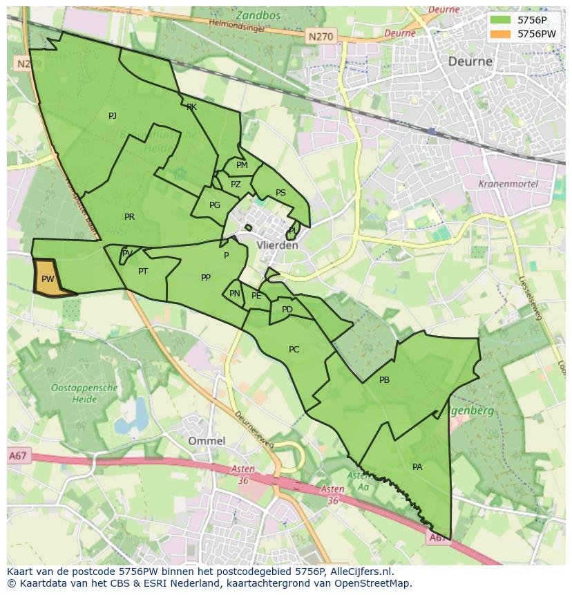 Afbeelding van het postcodegebied 5756 PW op de kaart.