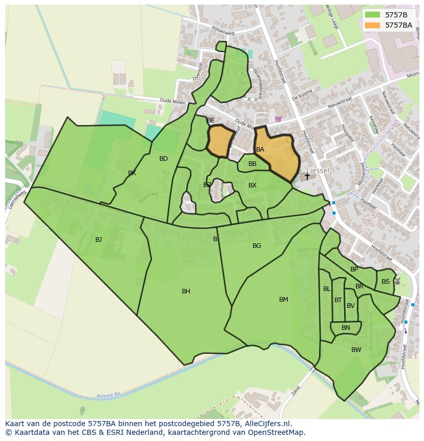 Afbeelding van het postcodegebied 5757 BA op de kaart.
