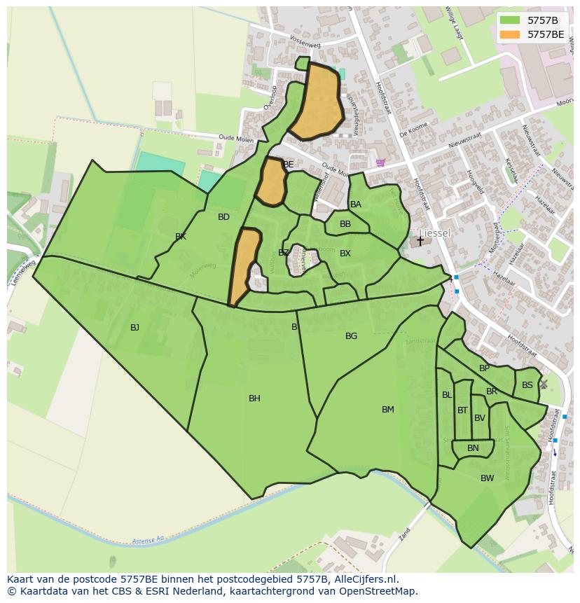 Afbeelding van het postcodegebied 5757 BE op de kaart.