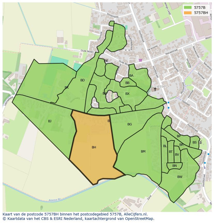 Afbeelding van het postcodegebied 5757 BH op de kaart.