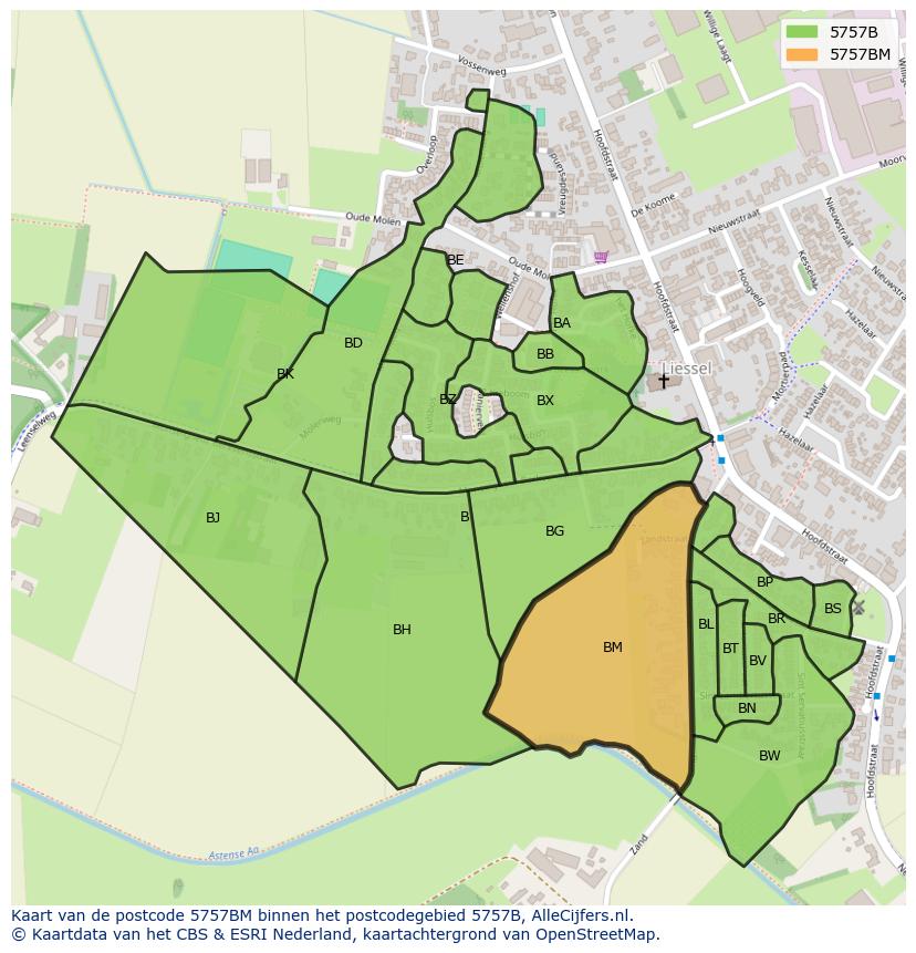 Afbeelding van het postcodegebied 5757 BM op de kaart.