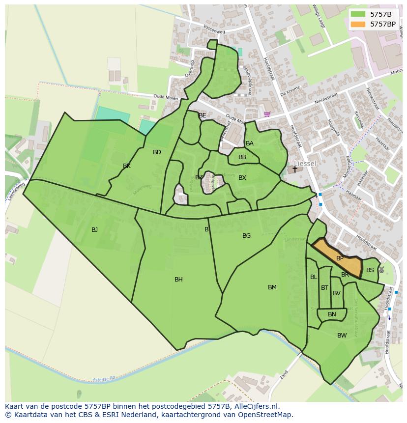 Afbeelding van het postcodegebied 5757 BP op de kaart.