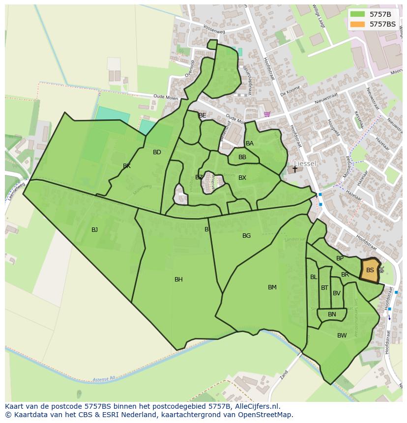 Afbeelding van het postcodegebied 5757 BS op de kaart.