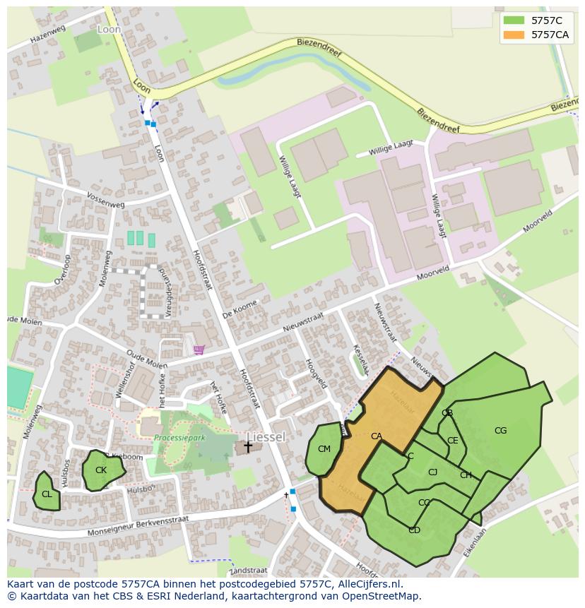 Afbeelding van het postcodegebied 5757 CA op de kaart.