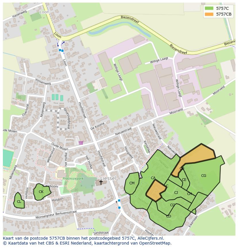 Afbeelding van het postcodegebied 5757 CB op de kaart.