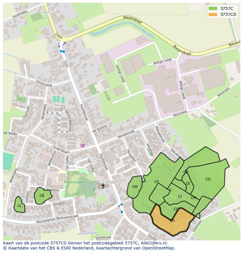 Afbeelding van het postcodegebied 5757 CD op de kaart.