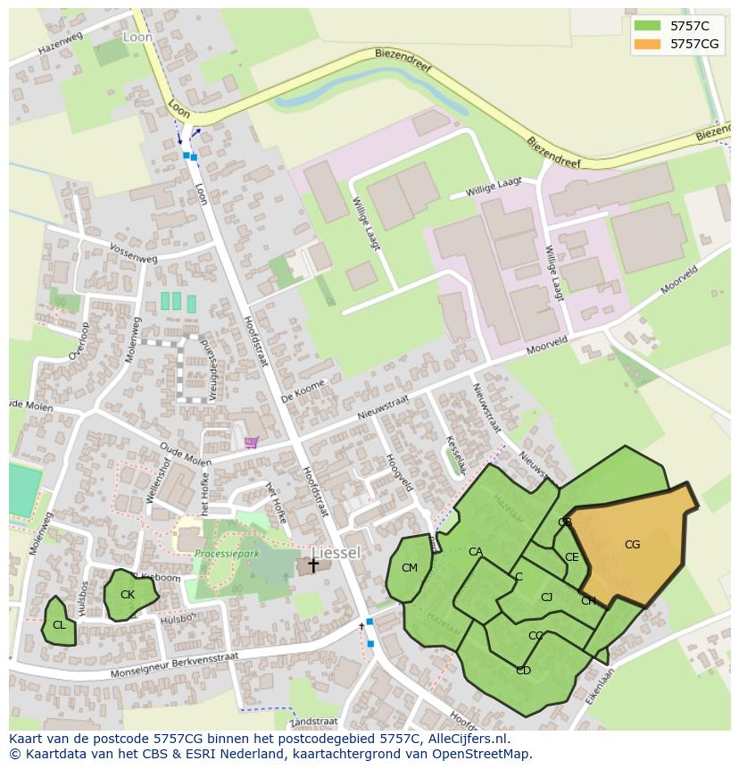 Afbeelding van het postcodegebied 5757 CG op de kaart.