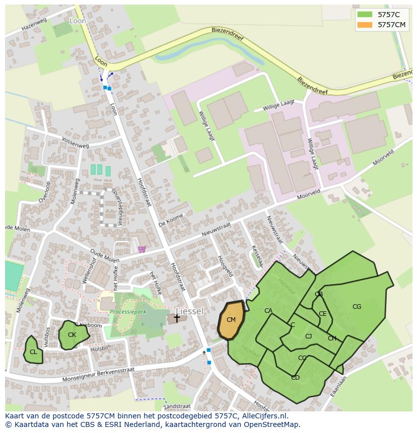 Afbeelding van het postcodegebied 5757 CM op de kaart.
