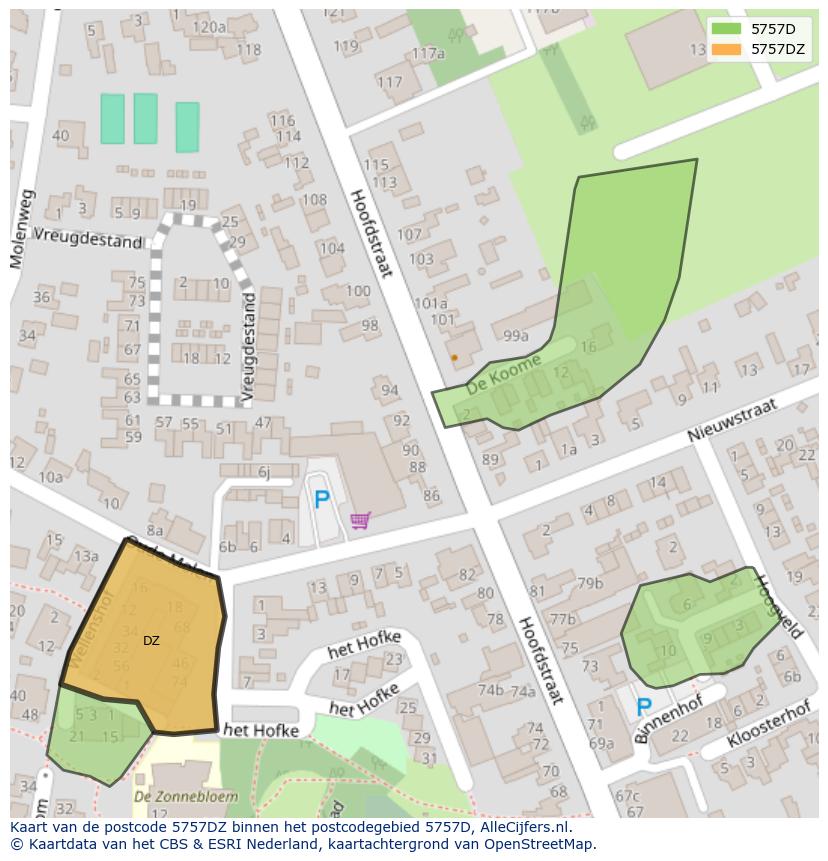 Afbeelding van het postcodegebied 5757 DZ op de kaart.