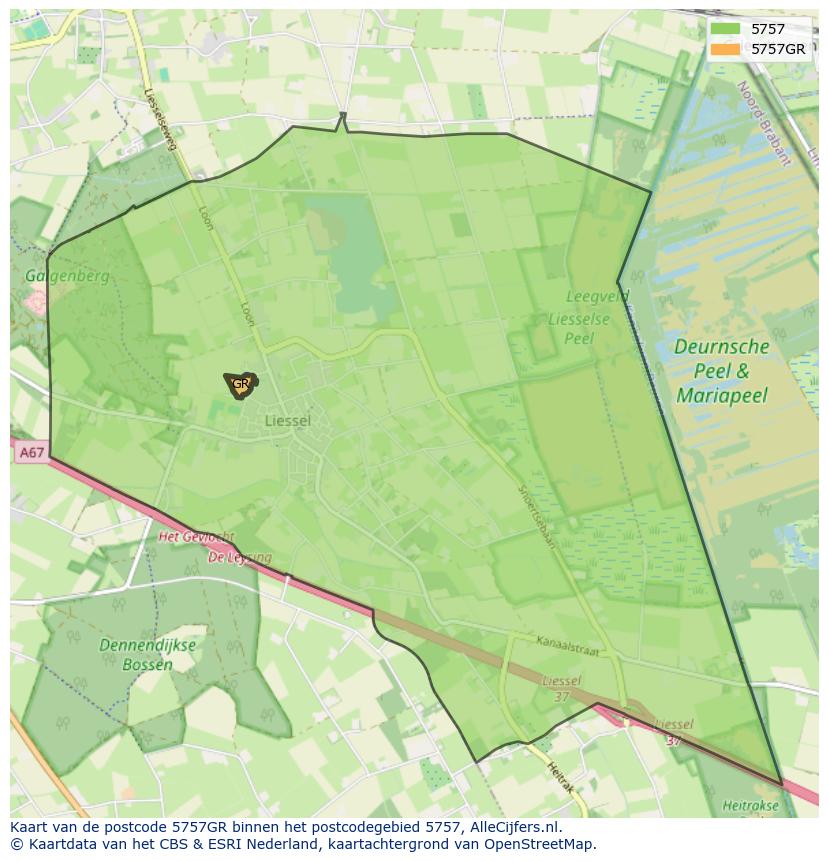 Afbeelding van het postcodegebied 5757 GR op de kaart.