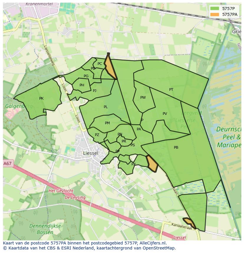 Afbeelding van het postcodegebied 5757 PA op de kaart.