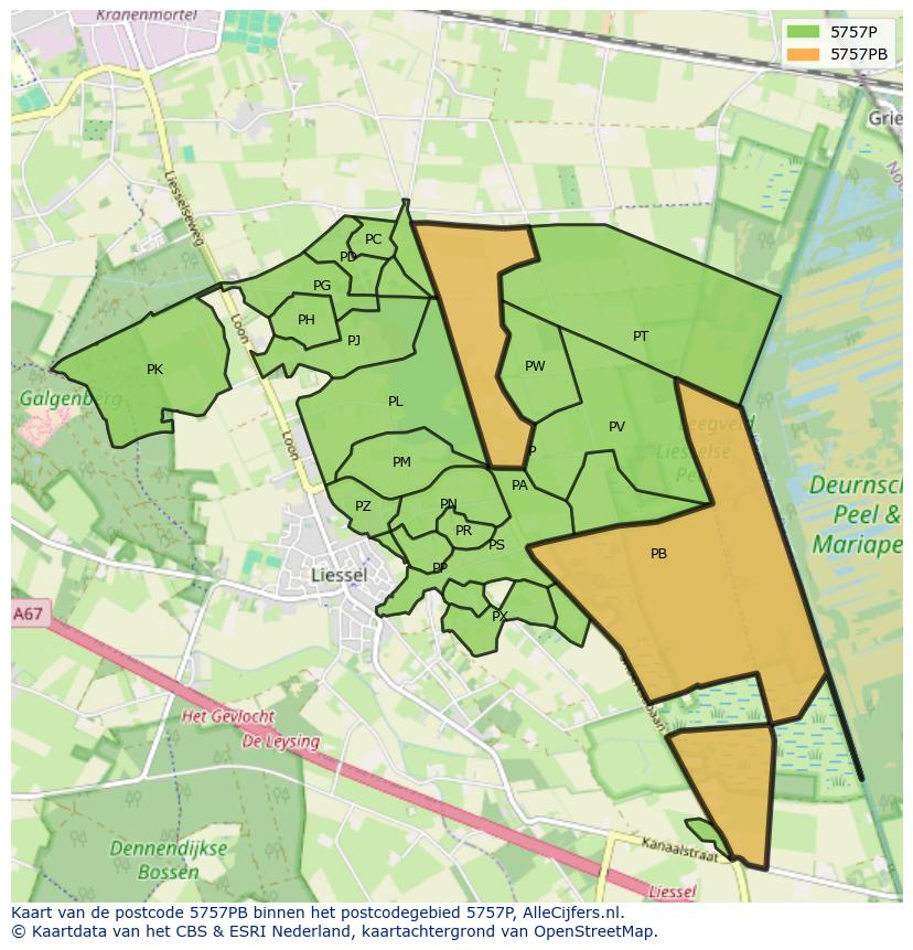 Afbeelding van het postcodegebied 5757 PB op de kaart.