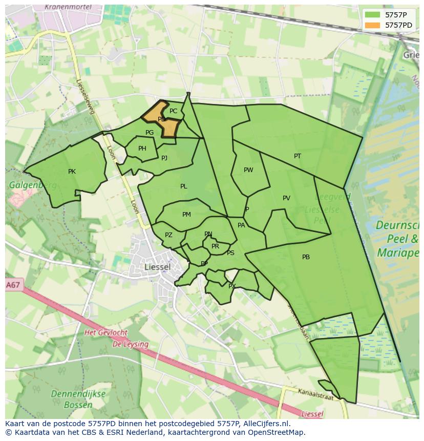 Afbeelding van het postcodegebied 5757 PD op de kaart.