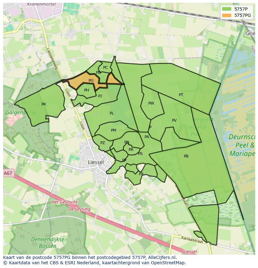 Afbeelding van het postcodegebied 5757 PG op de kaart.