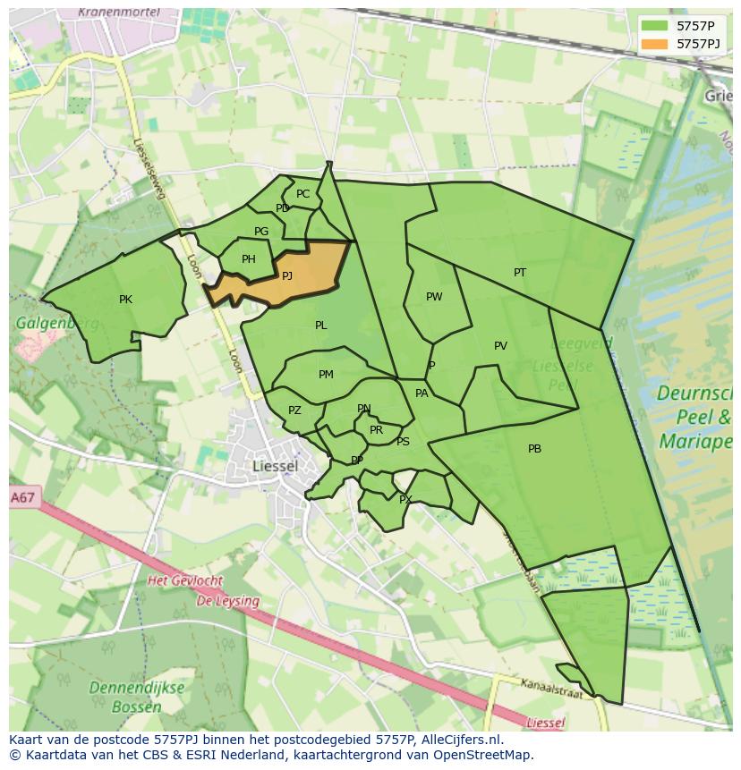 Afbeelding van het postcodegebied 5757 PJ op de kaart.