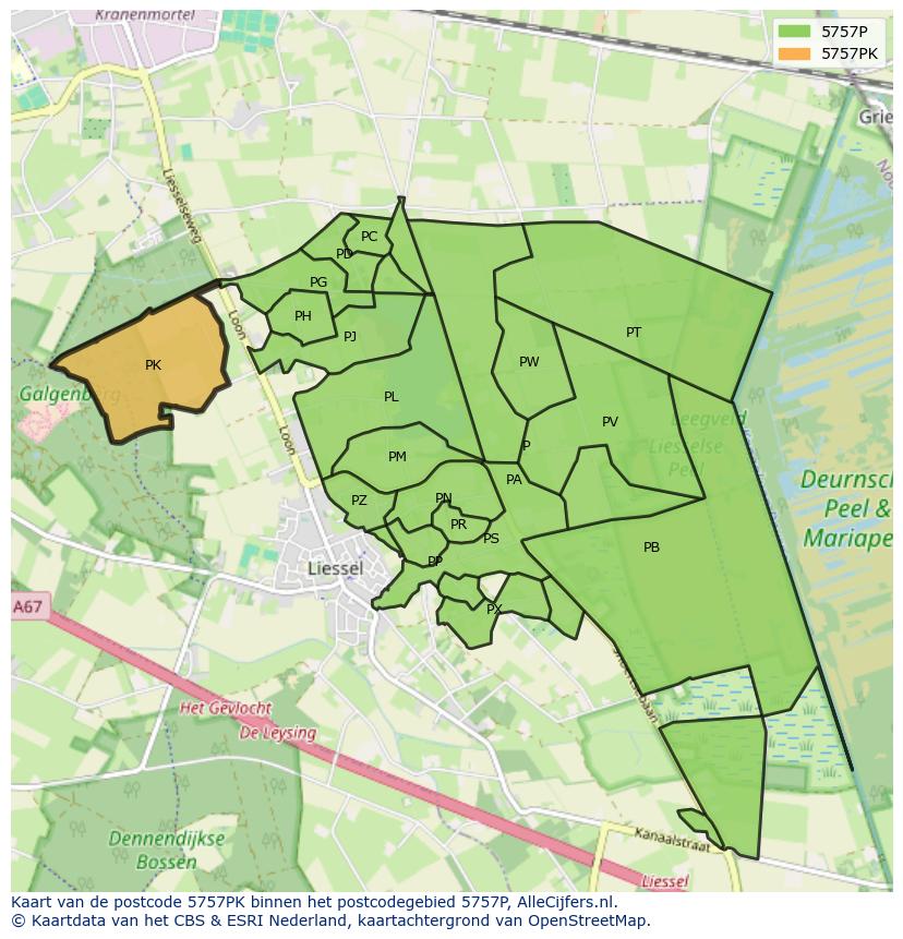 Afbeelding van het postcodegebied 5757 PK op de kaart.