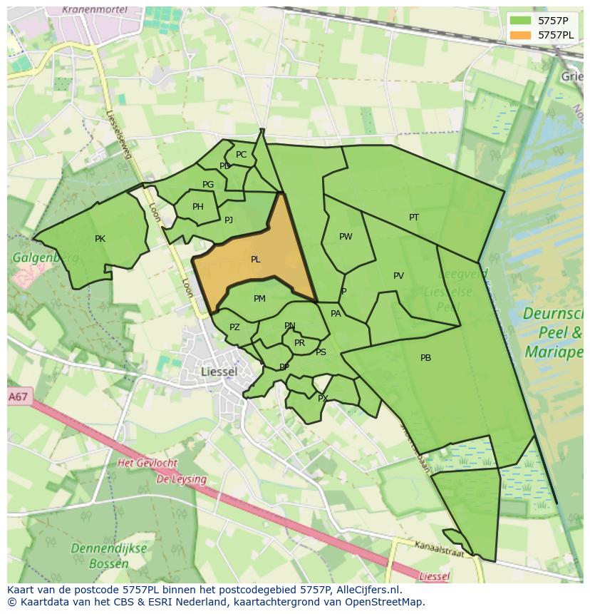 Afbeelding van het postcodegebied 5757 PL op de kaart.