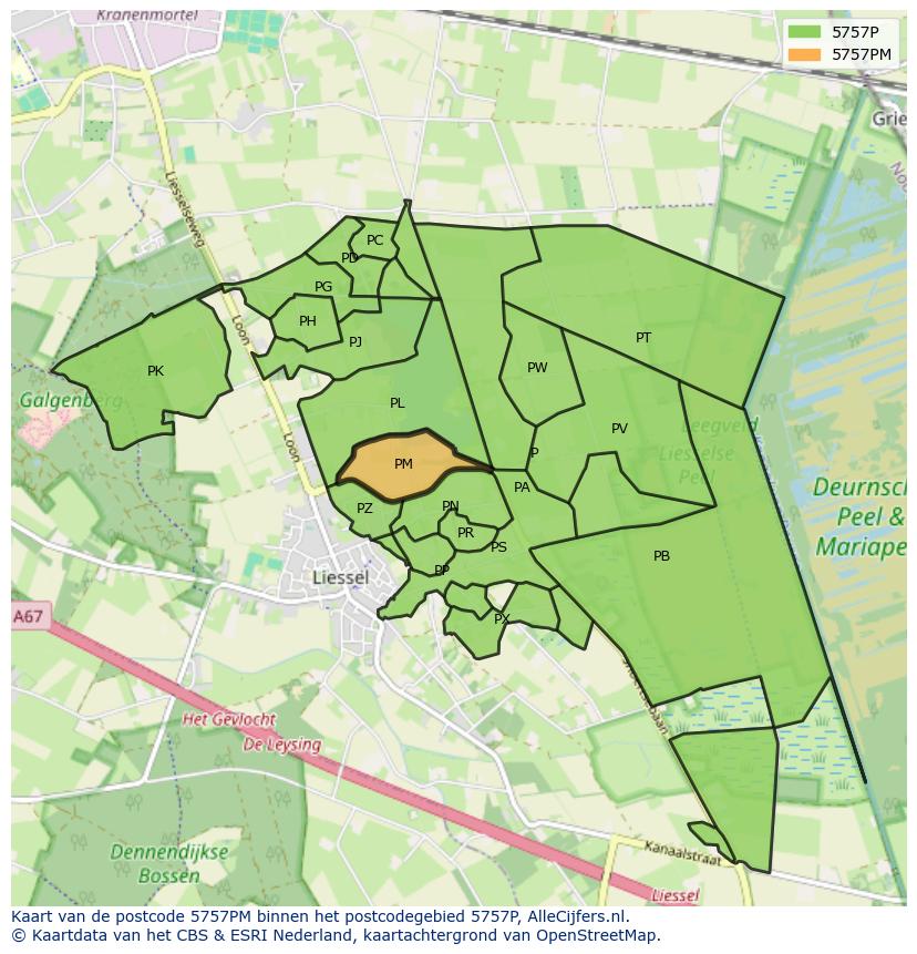 Afbeelding van het postcodegebied 5757 PM op de kaart.