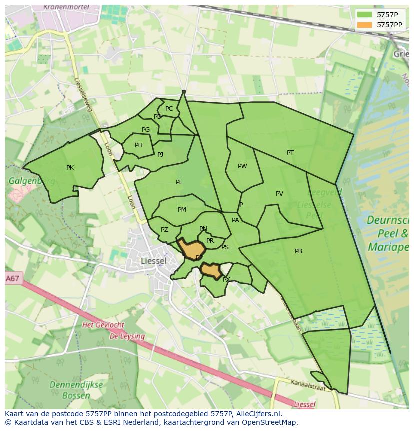 Afbeelding van het postcodegebied 5757 PP op de kaart.