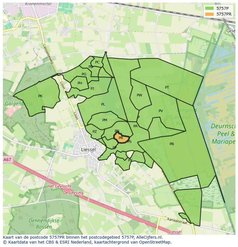 Afbeelding van het postcodegebied 5757 PR op de kaart.
