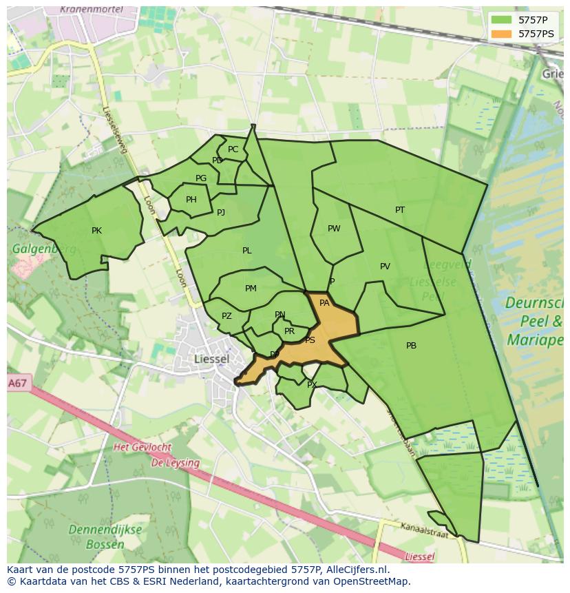 Afbeelding van het postcodegebied 5757 PS op de kaart.