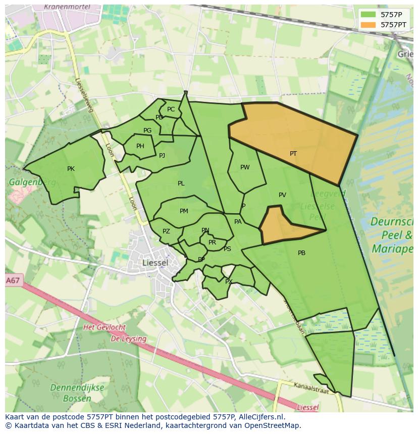 Afbeelding van het postcodegebied 5757 PT op de kaart.
