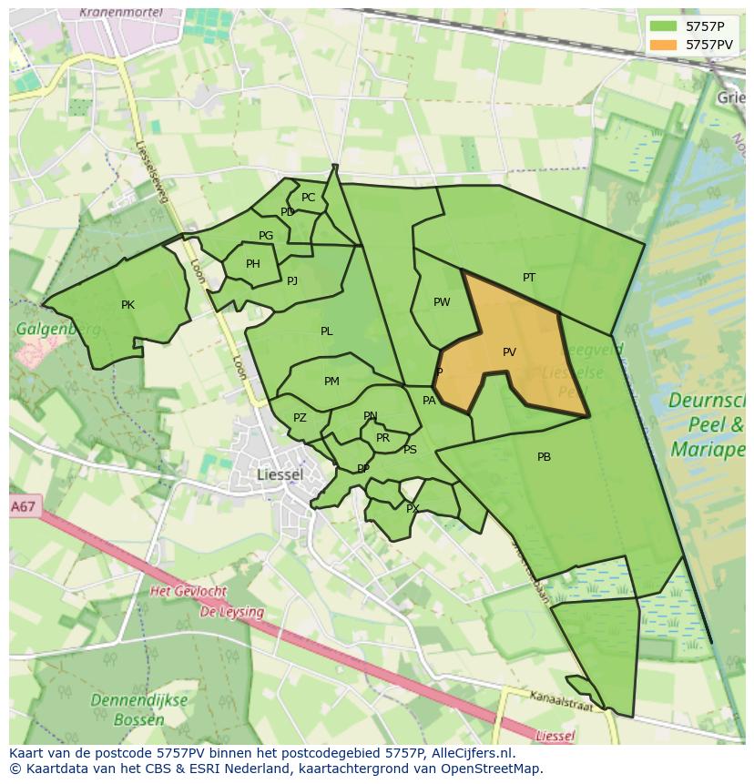Afbeelding van het postcodegebied 5757 PV op de kaart.