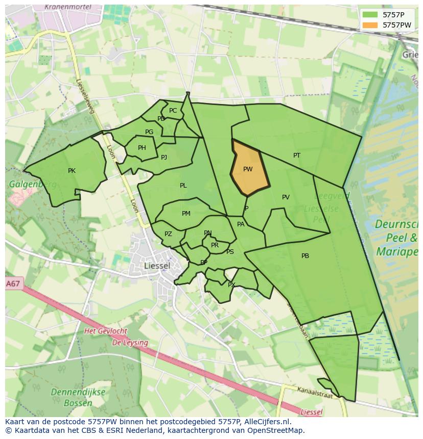 Afbeelding van het postcodegebied 5757 PW op de kaart.