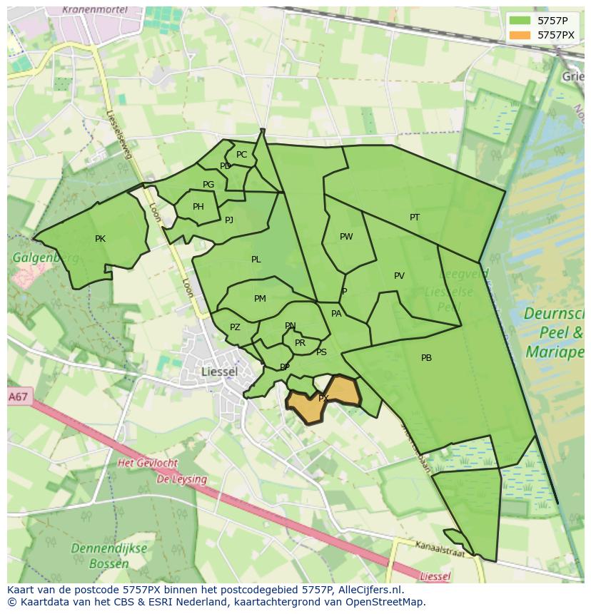 Afbeelding van het postcodegebied 5757 PX op de kaart.