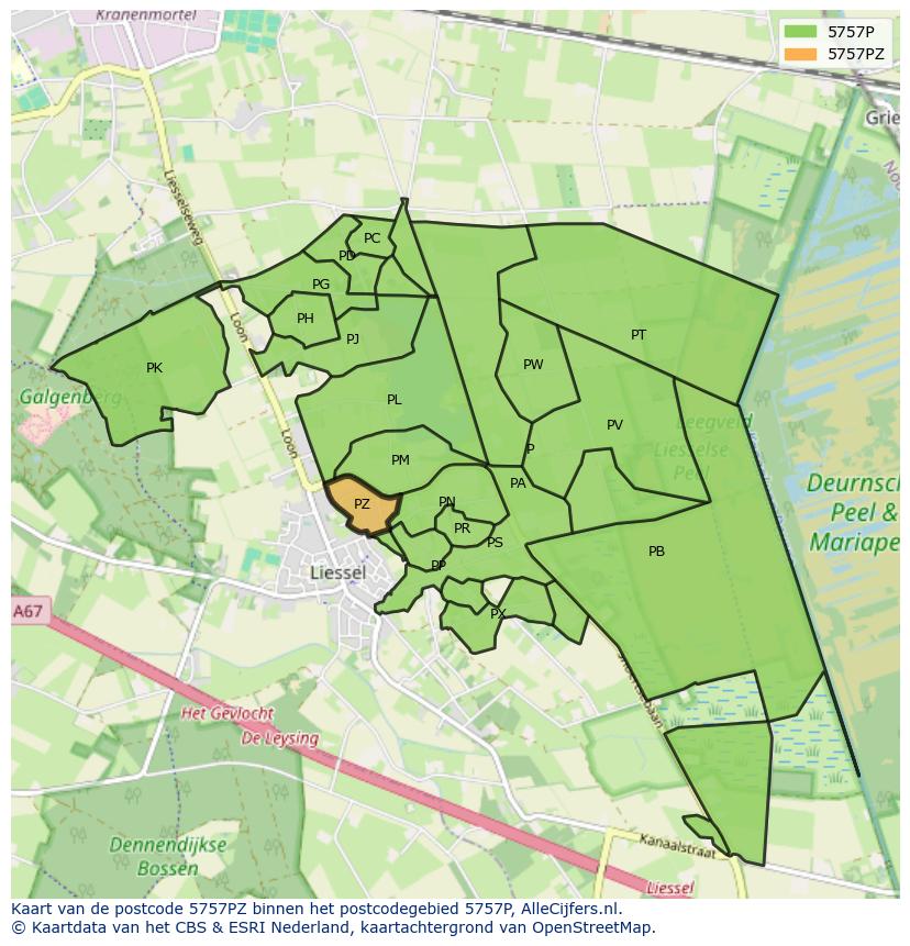 Afbeelding van het postcodegebied 5757 PZ op de kaart.