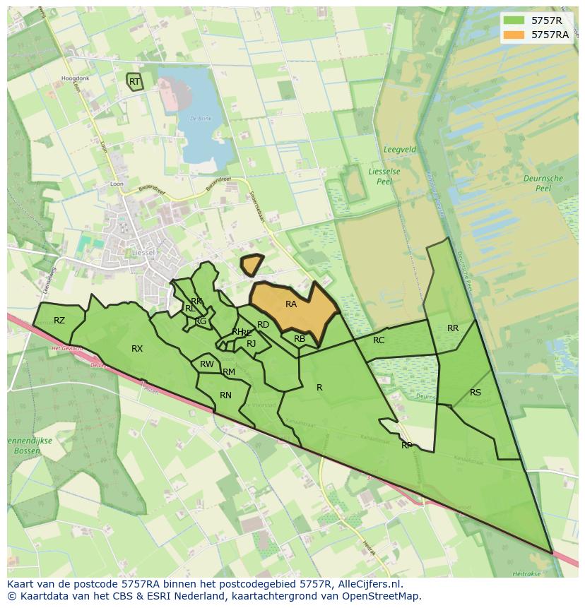 Afbeelding van het postcodegebied 5757 RA op de kaart.