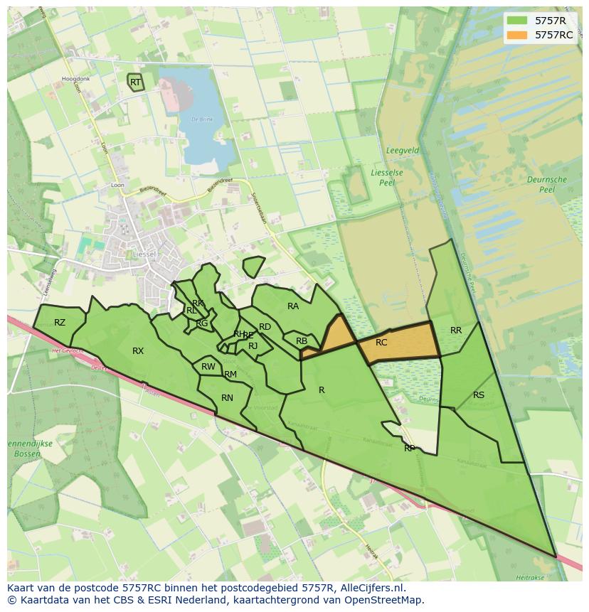 Afbeelding van het postcodegebied 5757 RC op de kaart.