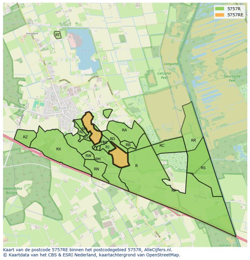 Afbeelding van het postcodegebied 5757 RE op de kaart.