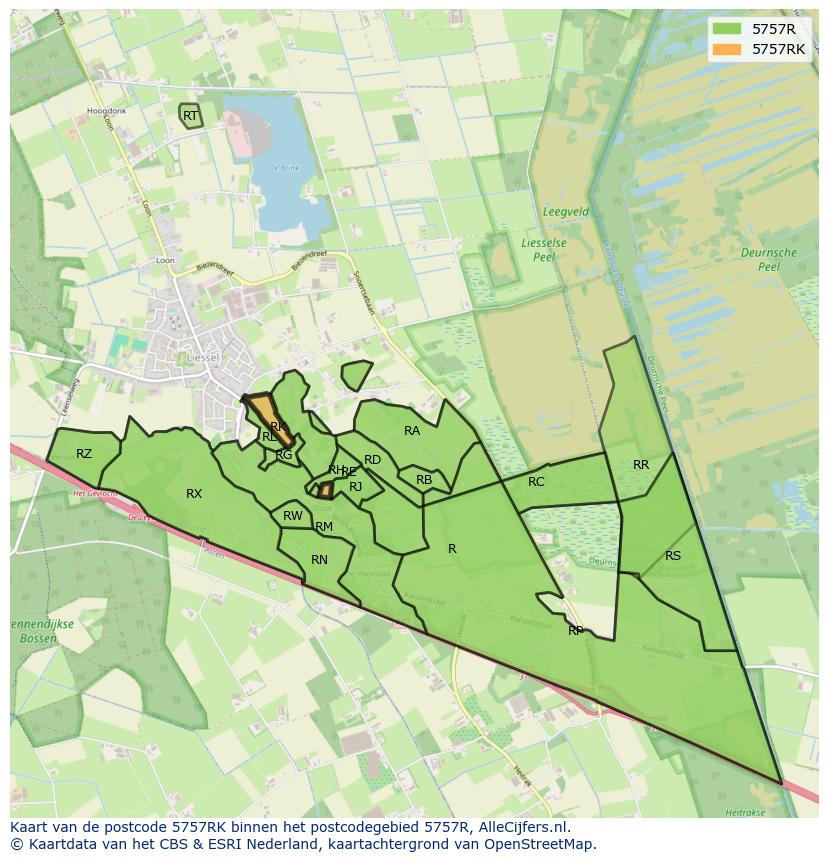 Afbeelding van het postcodegebied 5757 RK op de kaart.