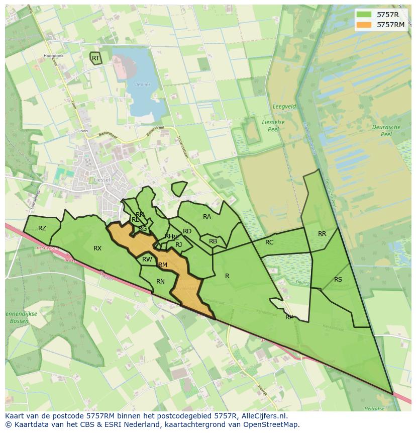 Afbeelding van het postcodegebied 5757 RM op de kaart.