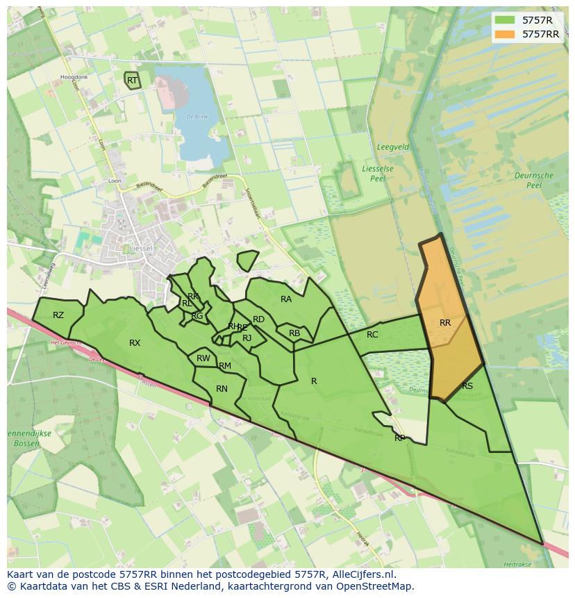 Afbeelding van het postcodegebied 5757 RR op de kaart.