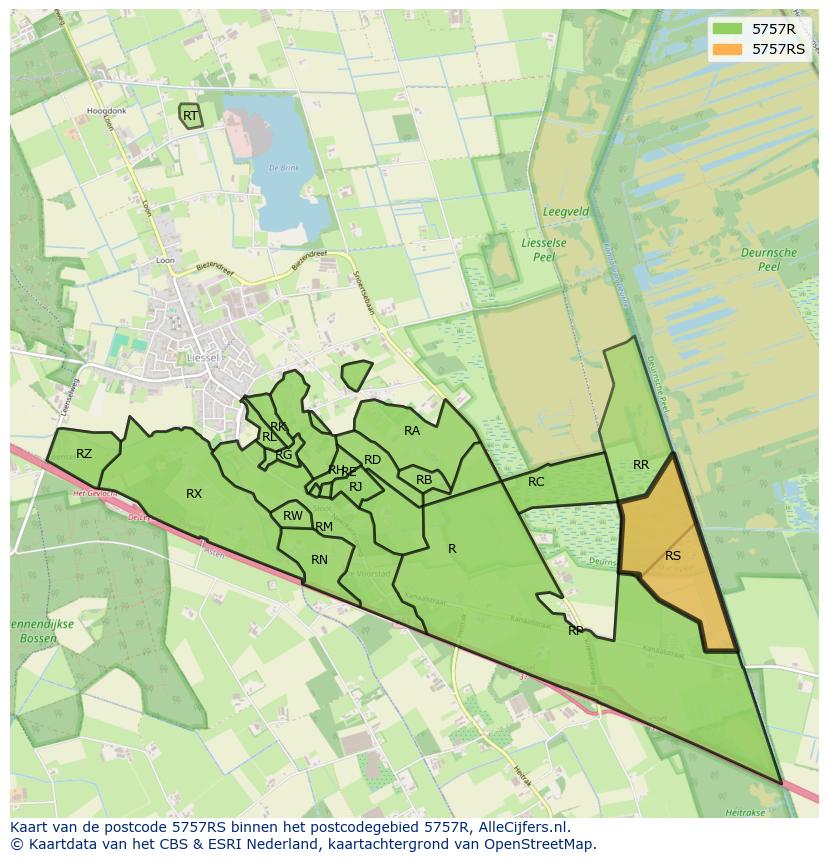 Afbeelding van het postcodegebied 5757 RS op de kaart.