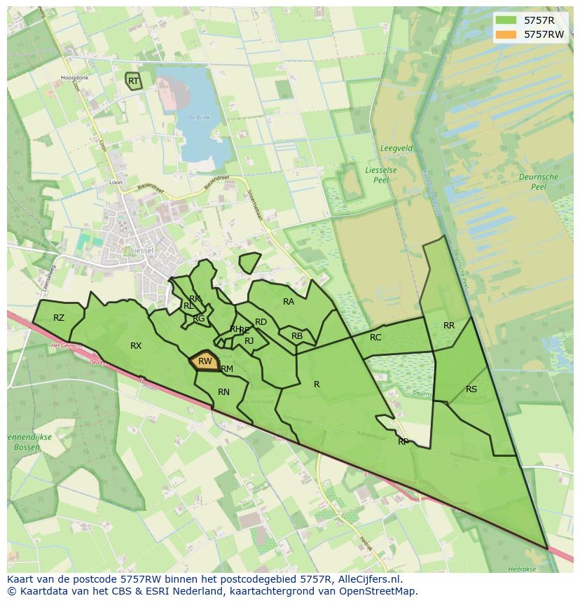 Afbeelding van het postcodegebied 5757 RW op de kaart.