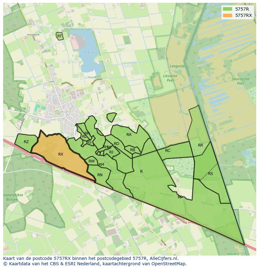 Afbeelding van het postcodegebied 5757 RX op de kaart.