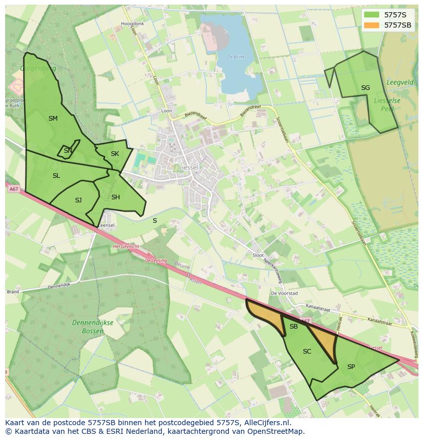 Afbeelding van het postcodegebied 5757 SB op de kaart.