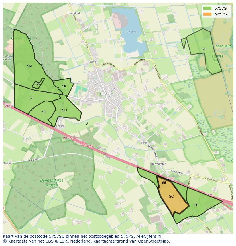 Afbeelding van het postcodegebied 5757 SC op de kaart.