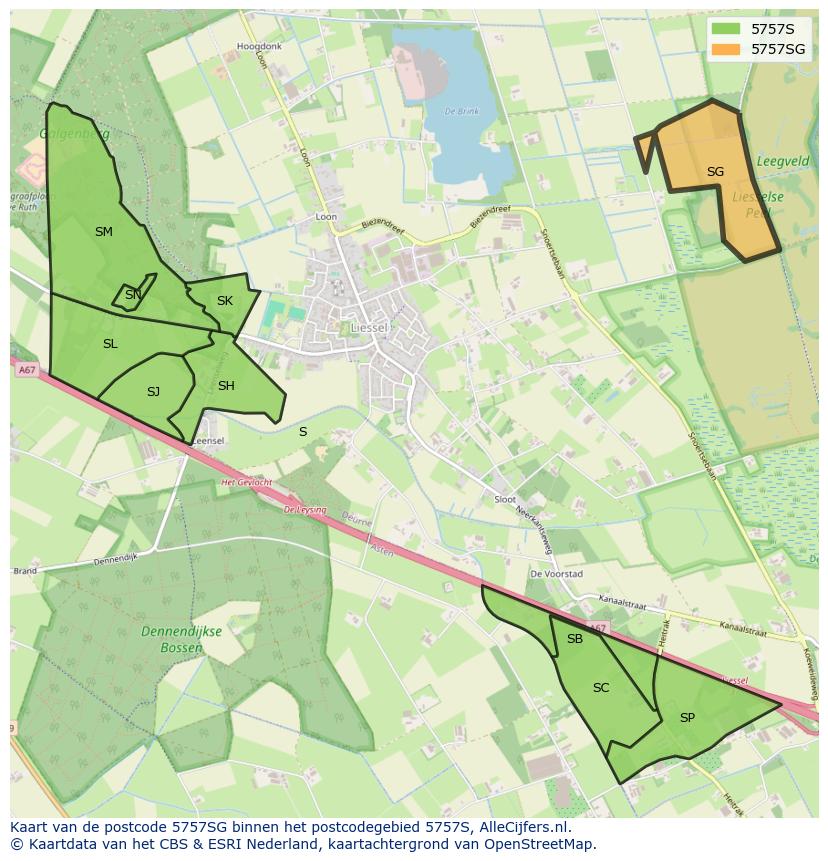 Afbeelding van het postcodegebied 5757 SG op de kaart.