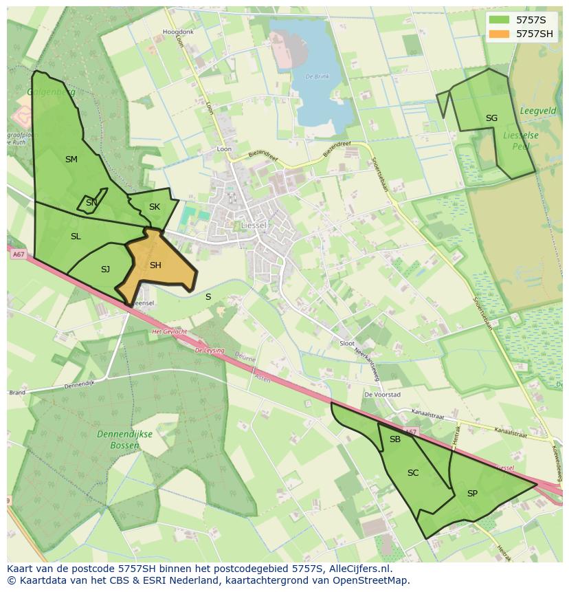 Afbeelding van het postcodegebied 5757 SH op de kaart.