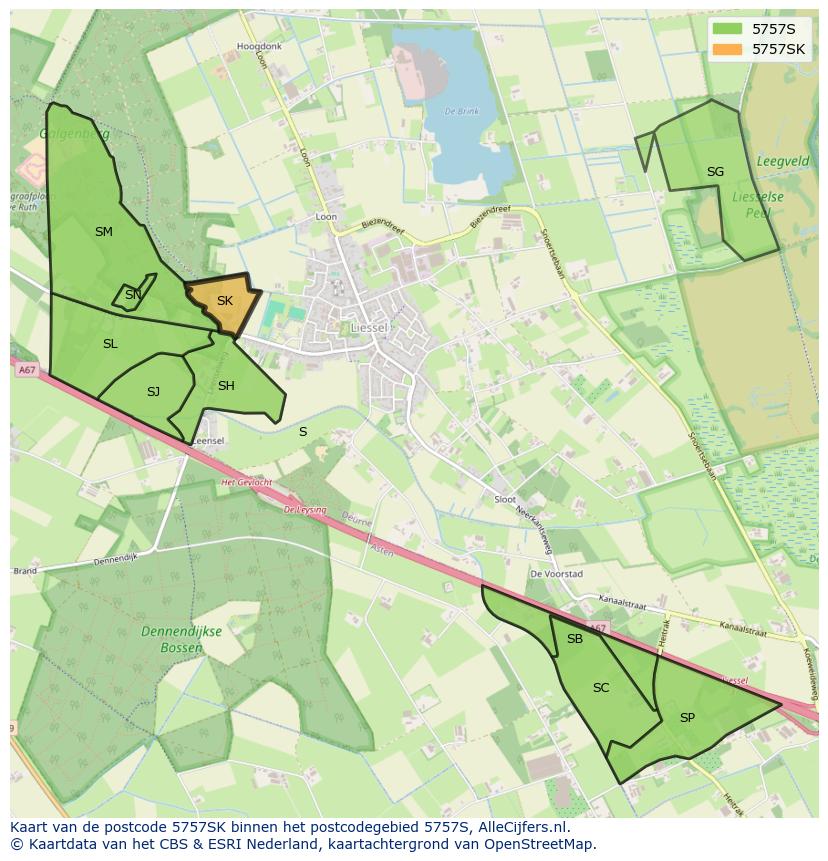 Afbeelding van het postcodegebied 5757 SK op de kaart.