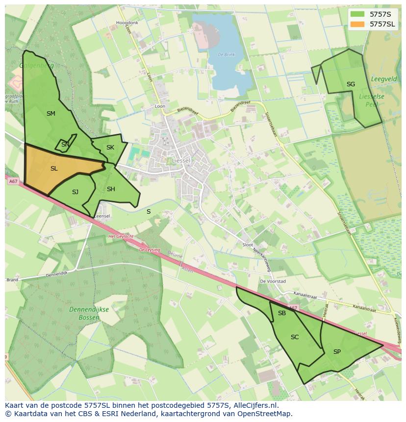 Afbeelding van het postcodegebied 5757 SL op de kaart.