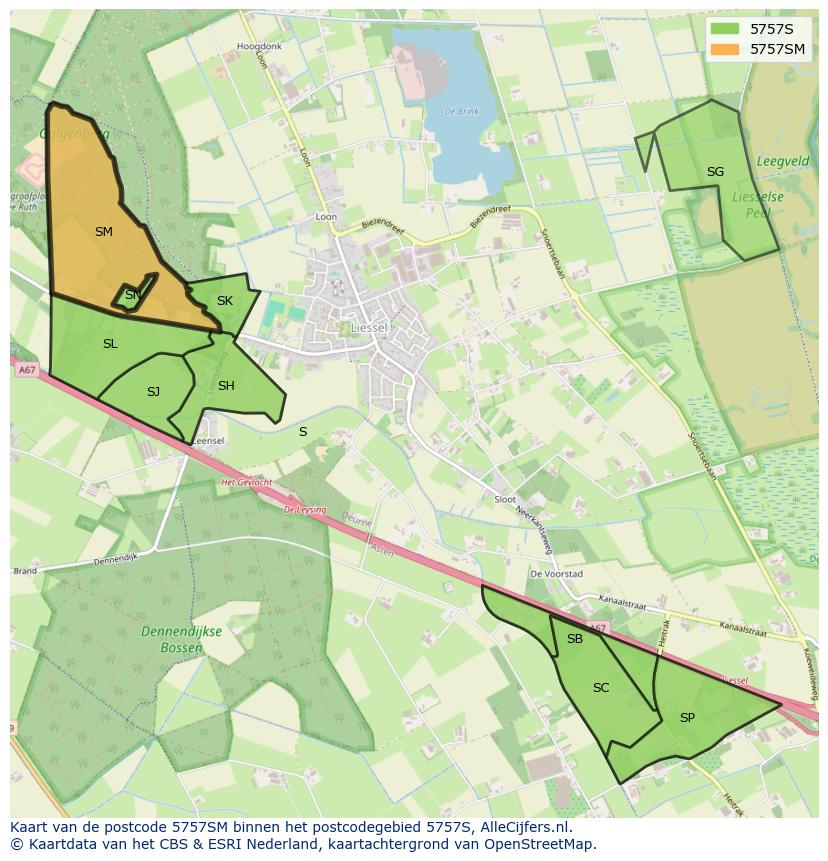 Afbeelding van het postcodegebied 5757 SM op de kaart.