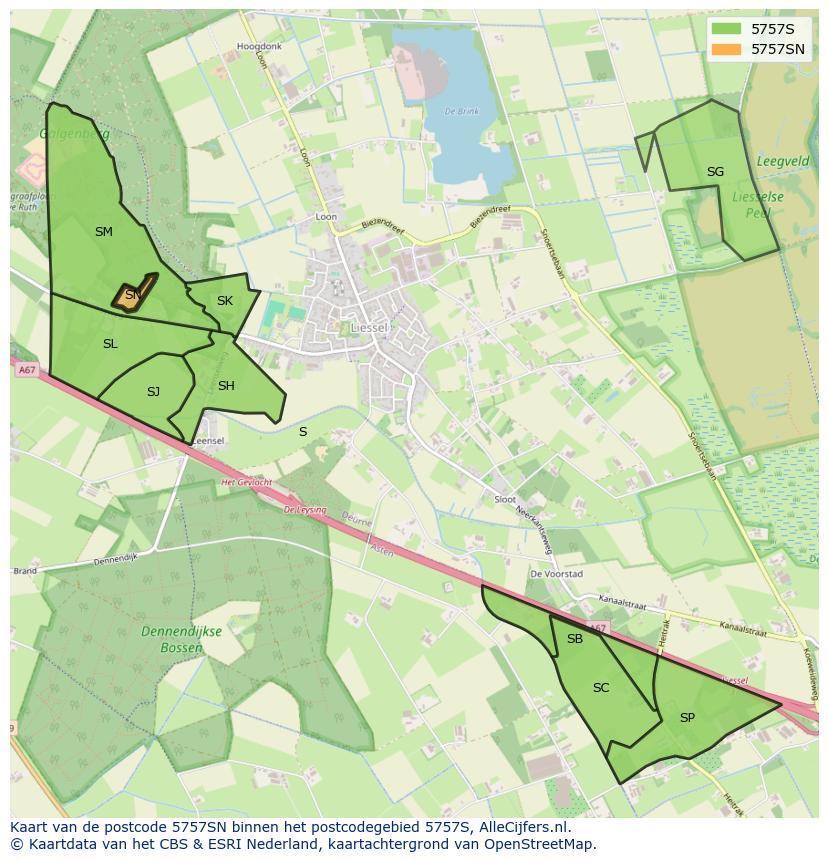 Afbeelding van het postcodegebied 5757 SN op de kaart.