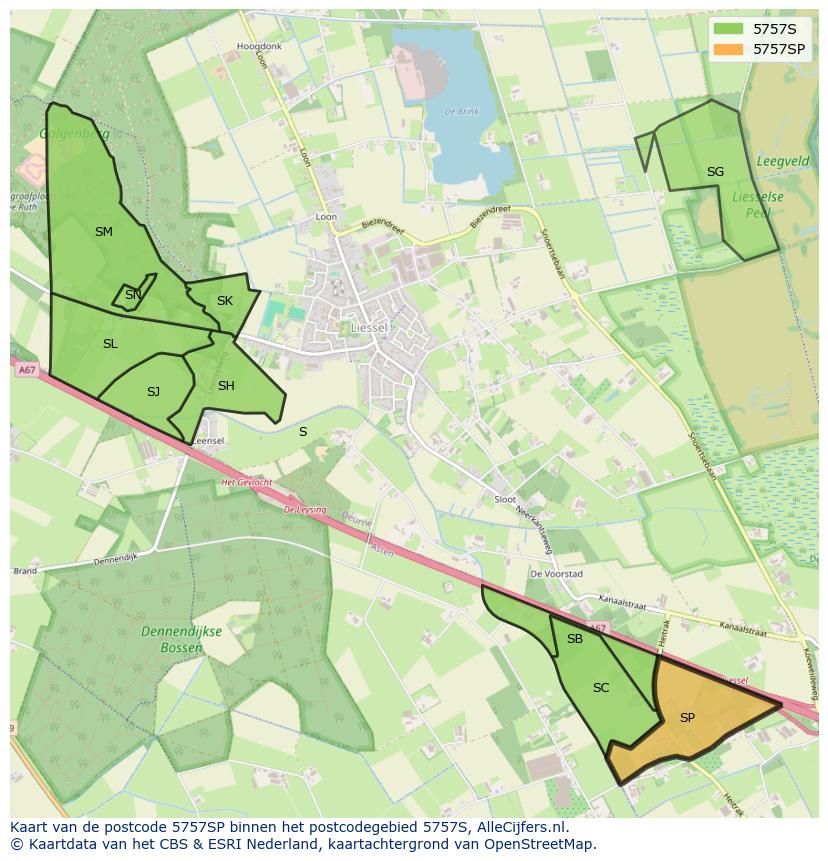 Afbeelding van het postcodegebied 5757 SP op de kaart.